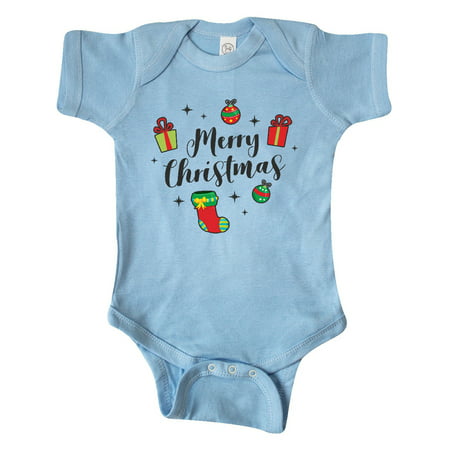 

Inktastic Merry Christmas with Presents Ornaments and Stocking Gift Baby Boy or Baby Girl Bodysuit