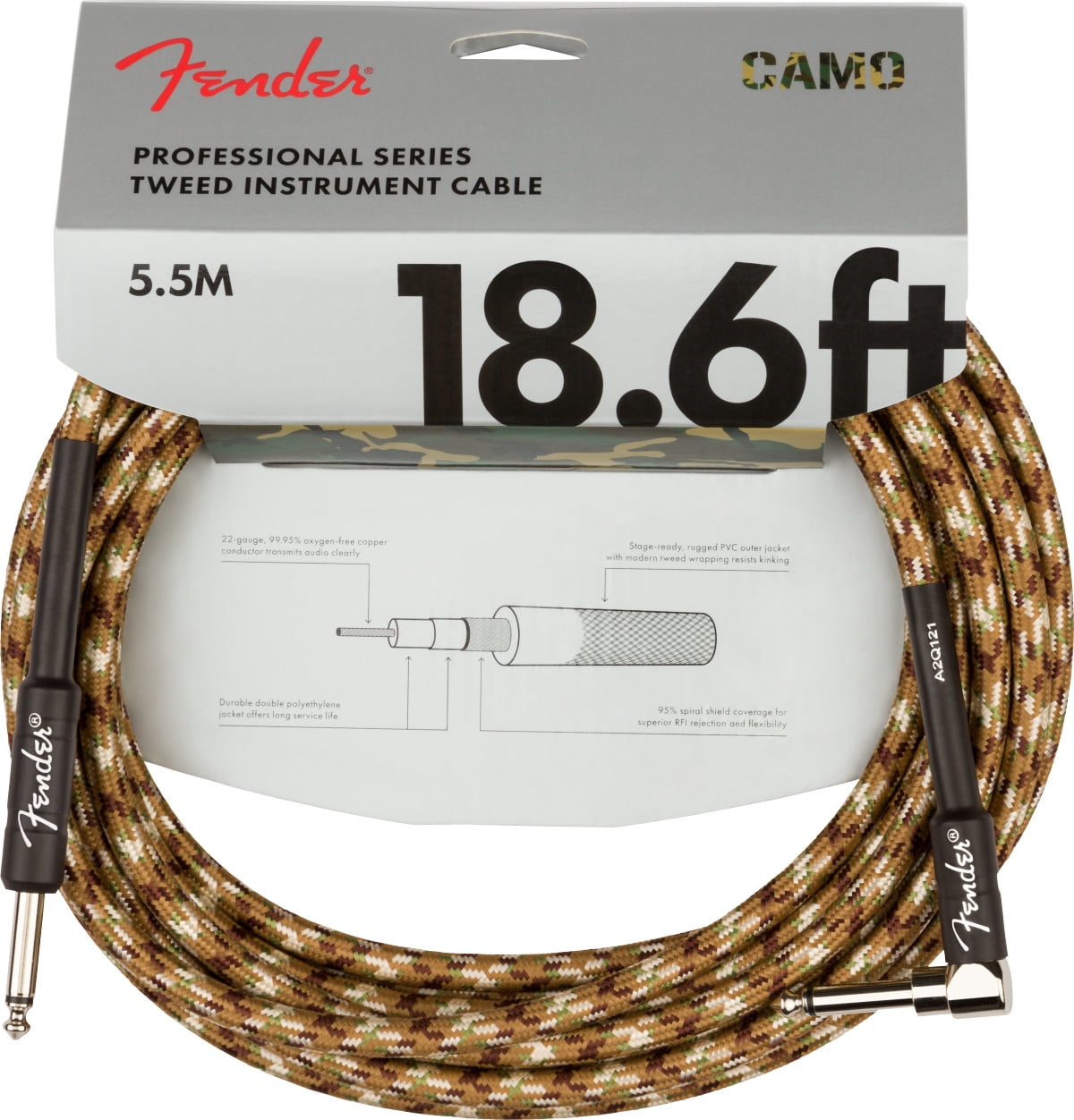 Fender 18.6-Foot Professional Instrument Cable, Straight-Angled, Desert Camo - 2 Pack