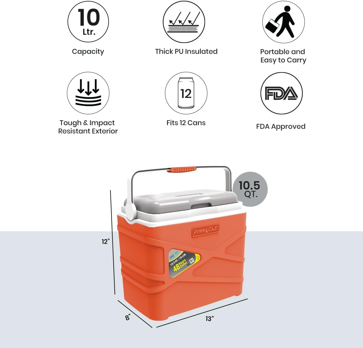 Pinnacle 10 L Insulated Cooler Lunch Box Portable Hard Cooler for Camping - Orange