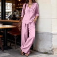 thumbnail image 6 of Guieoi Matching Outfits for Women Solid-Color Cotton-Linen Wide-leg Pants Set V-neck Button-down Long-sleeve Loose-fit Top + High-waisted Pants Two-Piece Set Pink XXL, 6 of 9