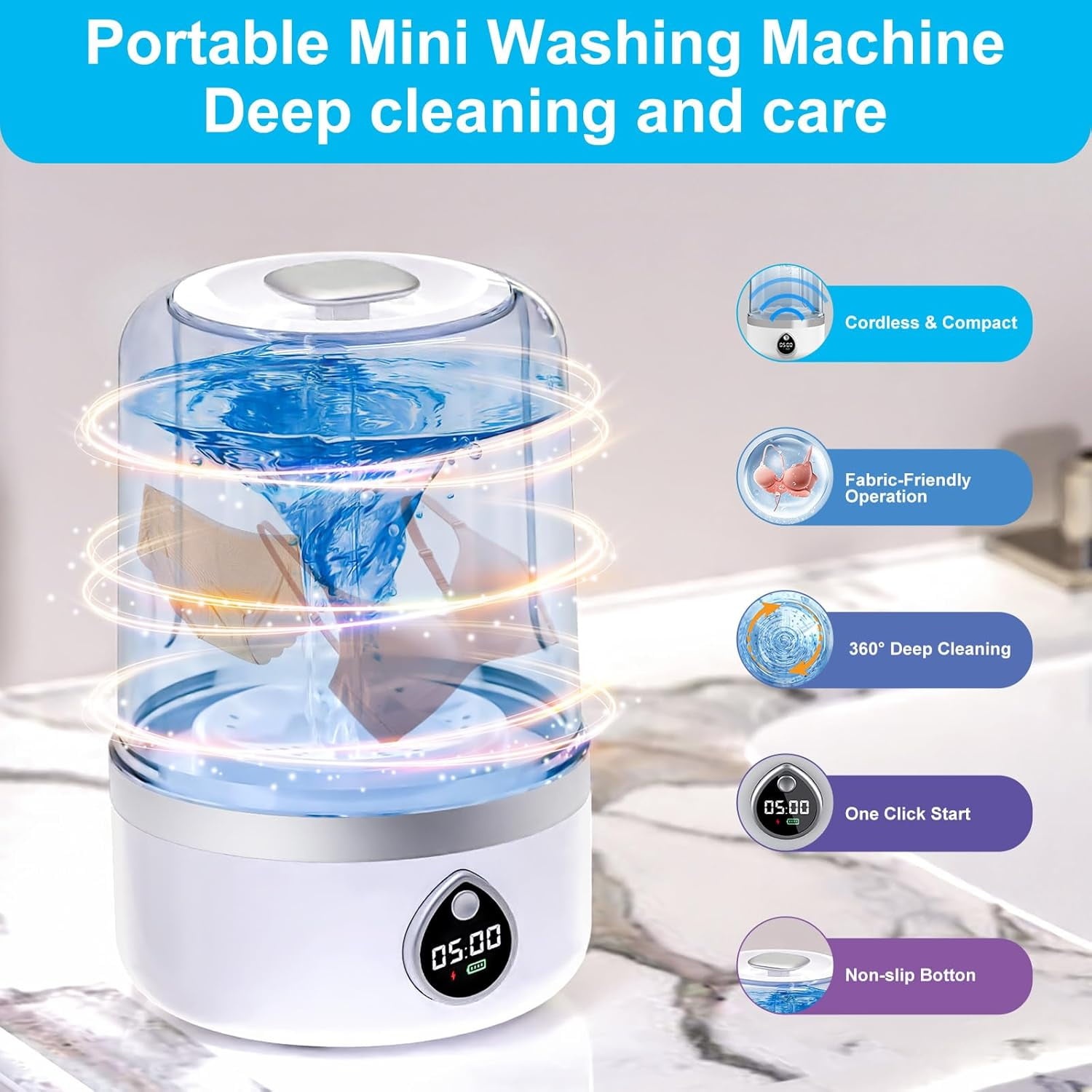 Underwear Washer, 1.4L Portable Washing Machine for Delicates & light garments, Cordless Small Laundry Machine for Baby Clothes, USB Charging Laundry Machine for Home, Apartment, RV, Camping,Travel