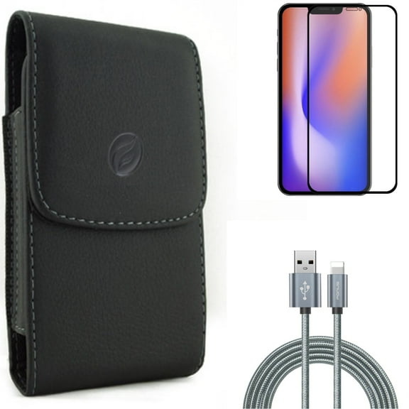 6ft USB Cable & Case Belt Clip & Screen Protector for iPhone 13/Pro ONLY - Charger Cord Power Wire   Leather Holster Cover   Anti-Glare Tempered Glass Matte Combo