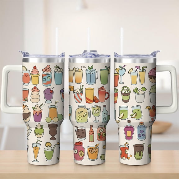 Cute Beverage Illustration Stainless Steel Insulated Mug with Lid and Handle, 30oz