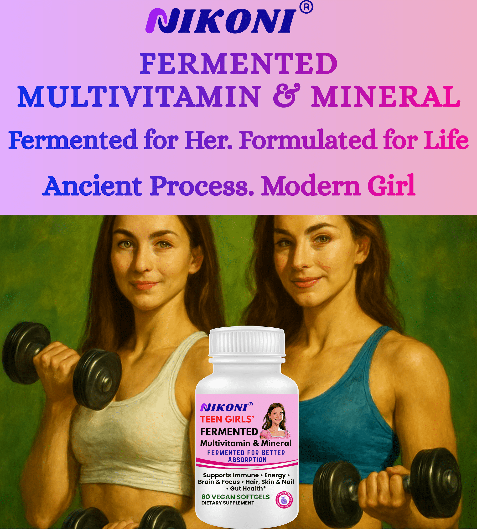 Nikoni Teen Girls' Fermented Multivitamin Mineral Vegan Softgels for Better Absorption 60 Count