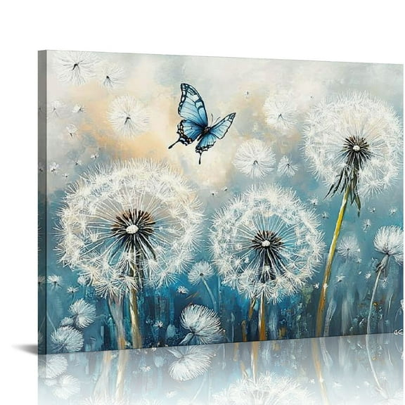 Patifu Large Dandelion Canvas Wall Art Abstract Blue and White Dandelion Flower Butterflies Picture Artwork for Home Bedroom Kitchen Bathroom Decor Ready to Hang 20x16in