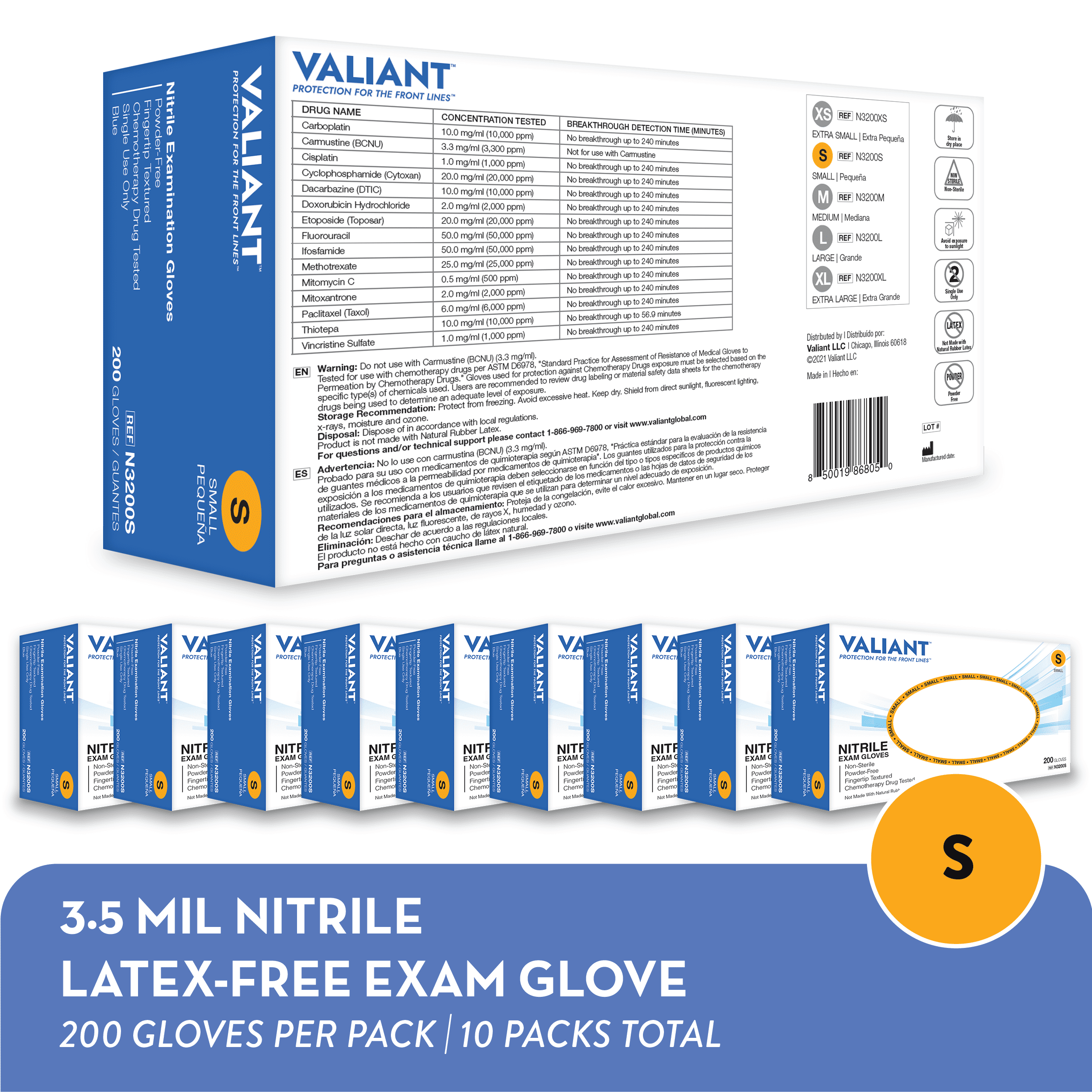 Valiant N3200 Nitrile Exam Gloves, Single Use Only, Fingertip Textured, Cornflower Blue, Small, 200 Per Box, 10 Boxes
