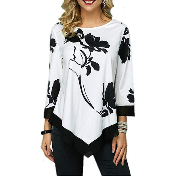 Women's 3/4 Sleeve Floral Print Blouse Tunics Irregular Hem 