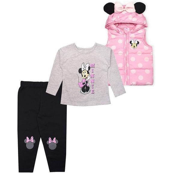 Disney 3-Piece Minnie Mouse Clothes for Girls and Toddlers, Shirt, Vest, and Pants
