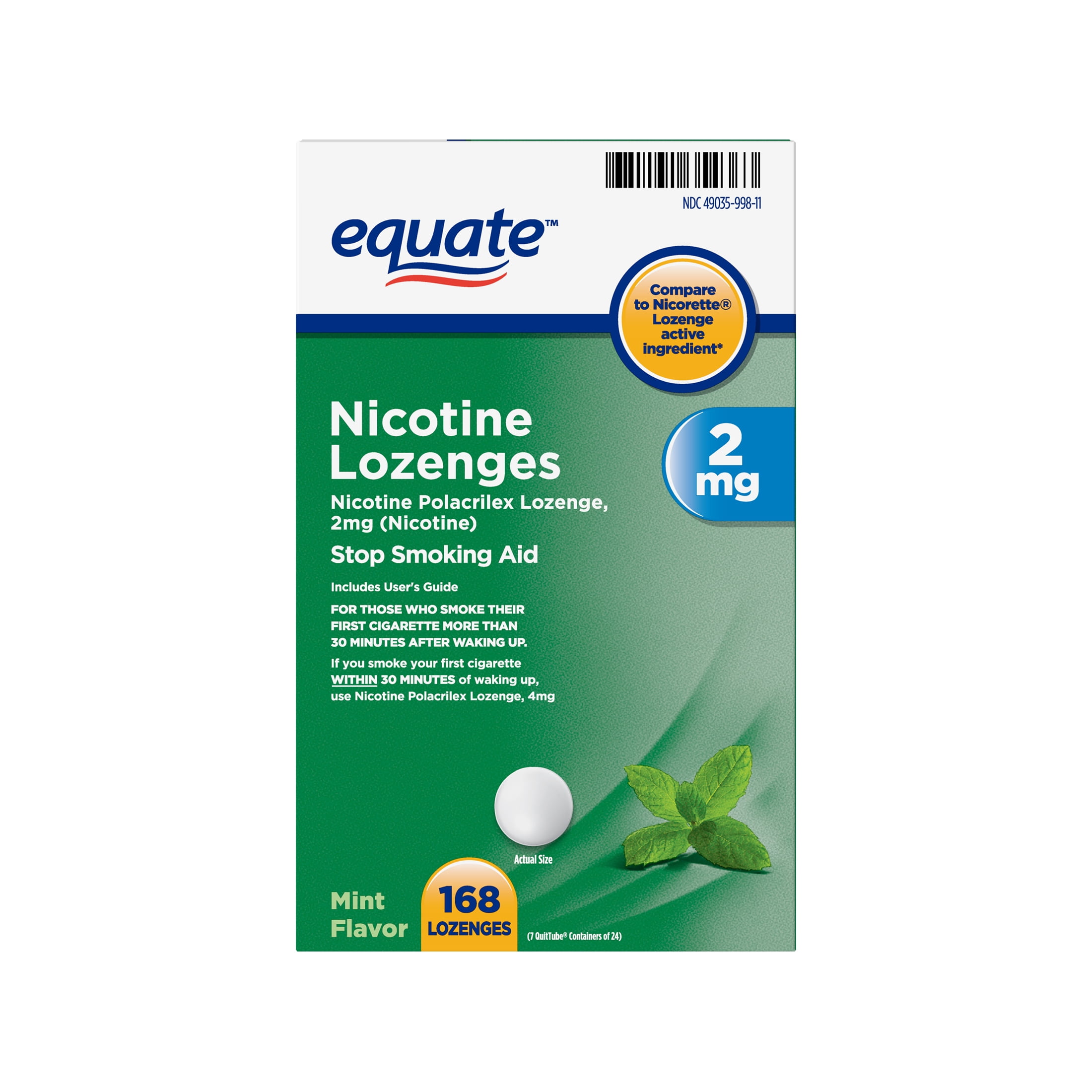 Equate Nicotine Lozenge 2 mg, Stop Smoking Aid, Mint Flavor, 168 Count