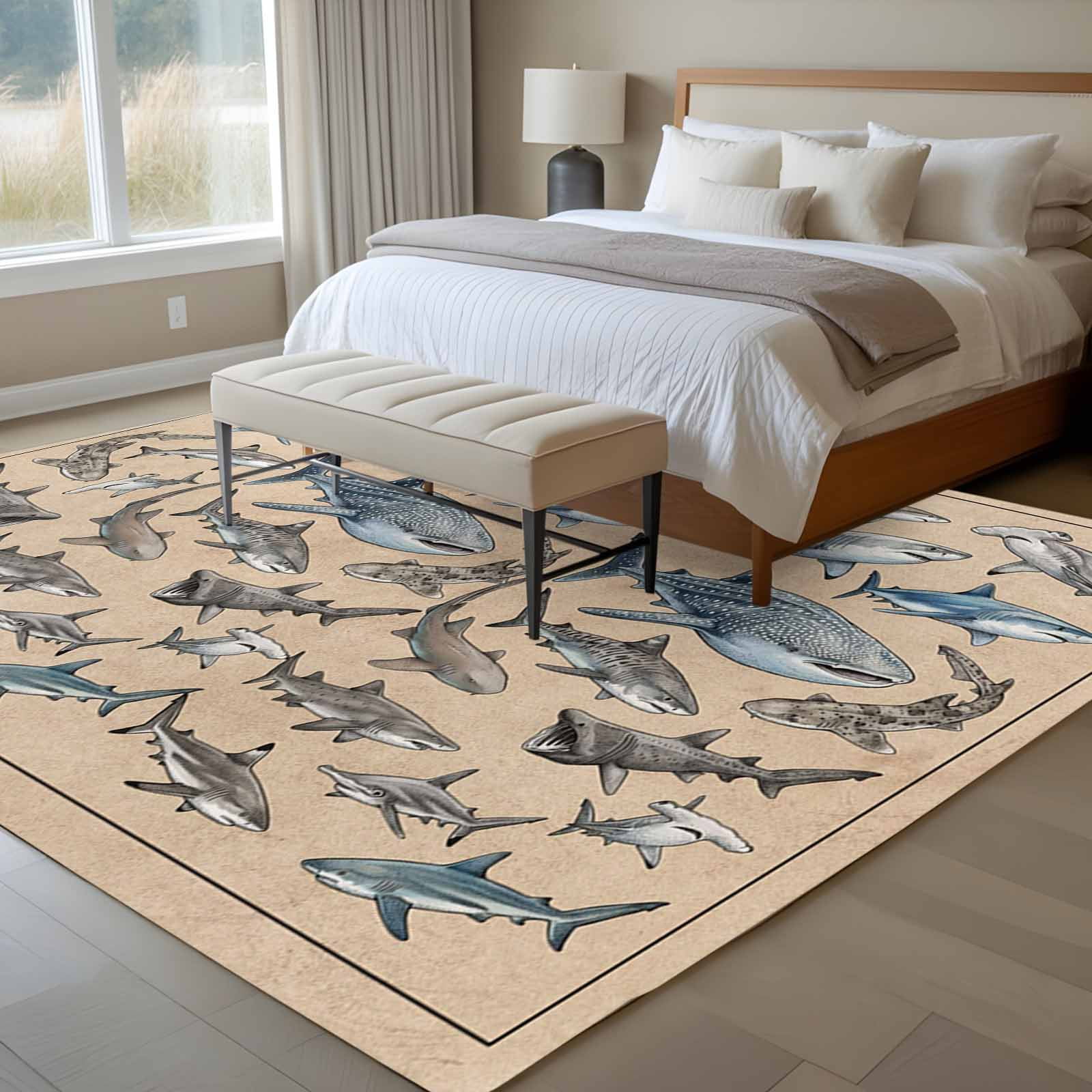 Large Area Rugs for Living Room Bedroom, Ocean Sharks 5'x8' Rug Washable Carpet Runner Indoor Outdoor, Vintage Coastal Underwater Animals Brown Non Slip Floor Mats Rug for Kitchen, Bathroom