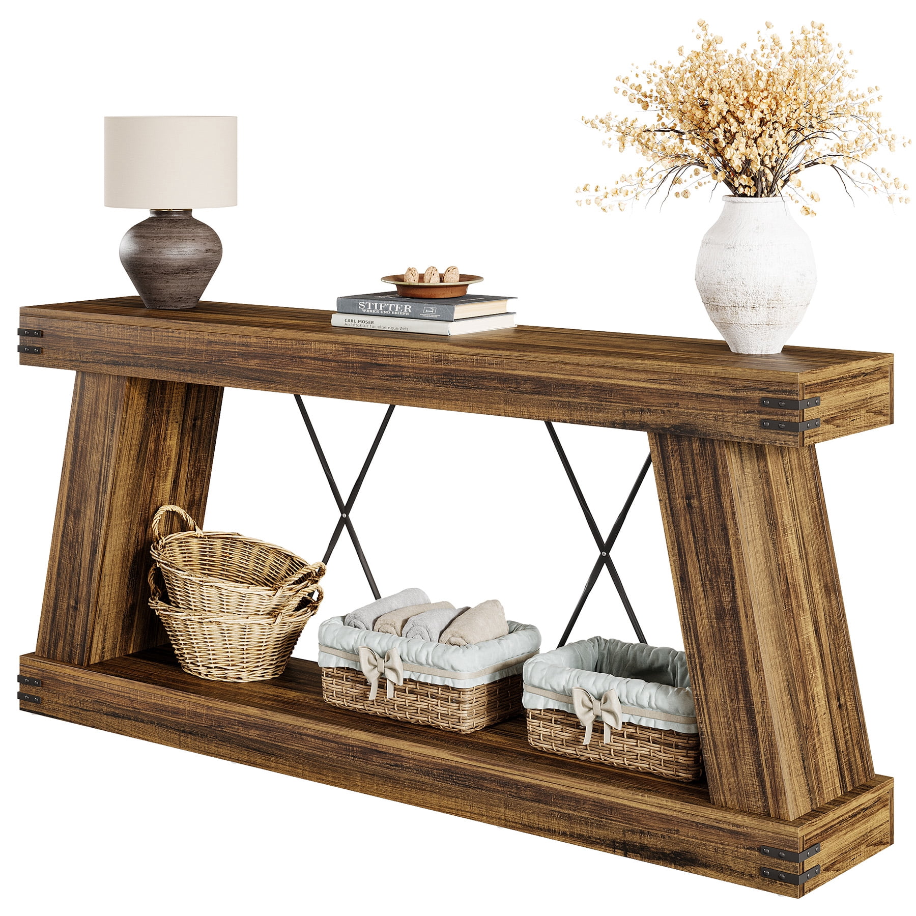 Fnova 70" Farmhouse Console Table, Long 2-Tier Entryway Table with X-Shaped Metal Support, Narrow Wood Sofa Table for Living Room, Hallway, Behind Couch, Dark Brown