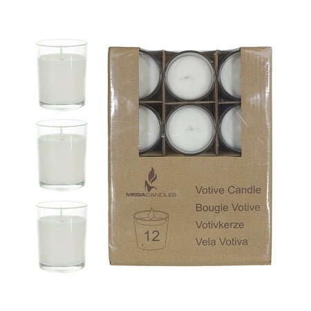 Mega Candles - Unscented Votive Glass Container Candle - White, Set of 12