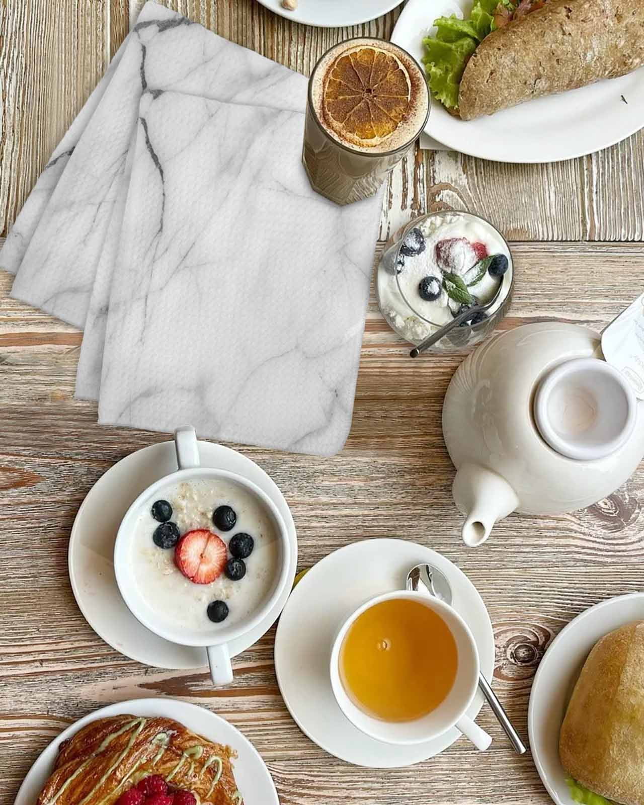 White Marble Kitchen Dish Towels for Drying Dishes Set of 2, Modern Geometric Abstract Minimalist Crack Waffle Weave Microfiber Hand Tea Bathroom Towels Quick Dry & Absorbent Towel 15.7x23.6