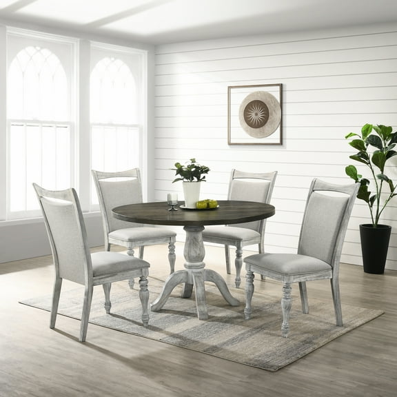 5 Dining - Weathered White & Gray Round Table With 4 Chairs Collection Arrangement, Pedestal And Chairs, Tone