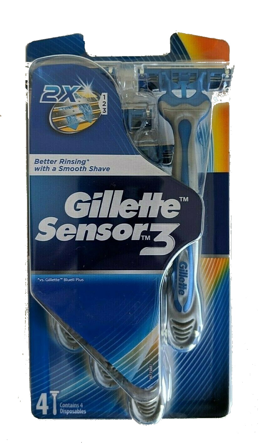 Gillette Sensor3 Men's Disposable Razor, 4 Razors , Blue Gray