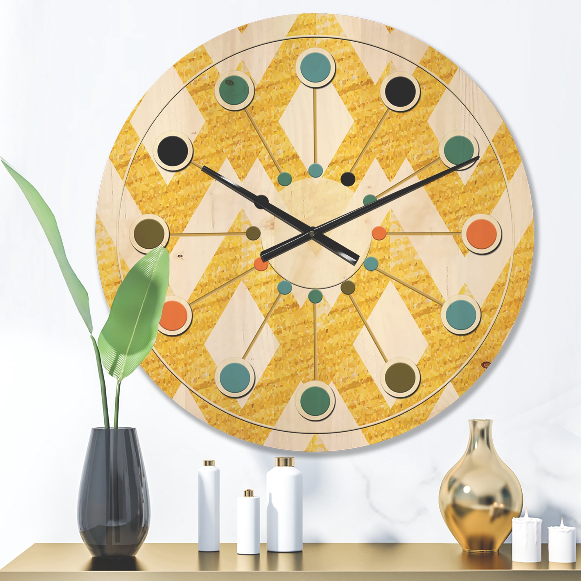 Designart 'Gold Glittering Lines Retro Pattern' Mid-Century Modern Wood Wall Clock