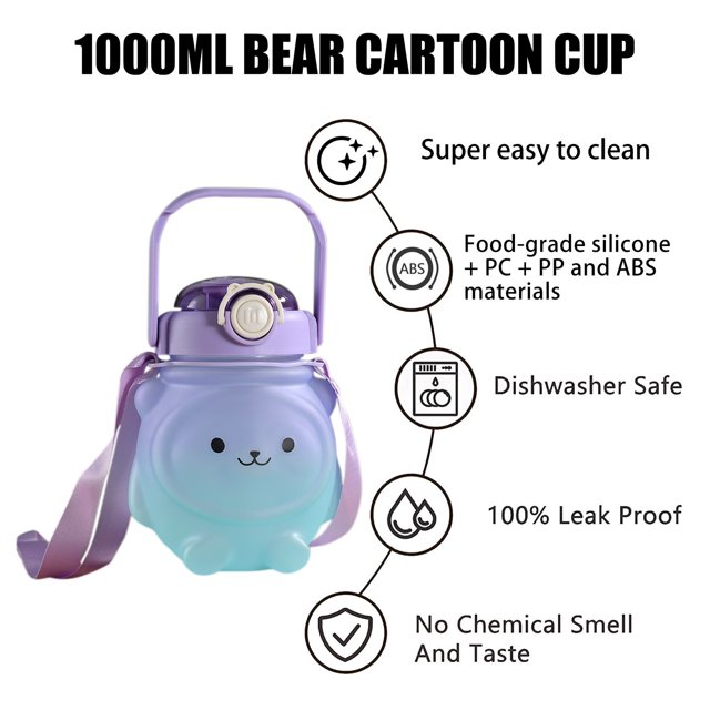 Botella de agua de oso Kawaii de 1100ml, taza para beber deportiva de Color degradado, regalo (púrpura)