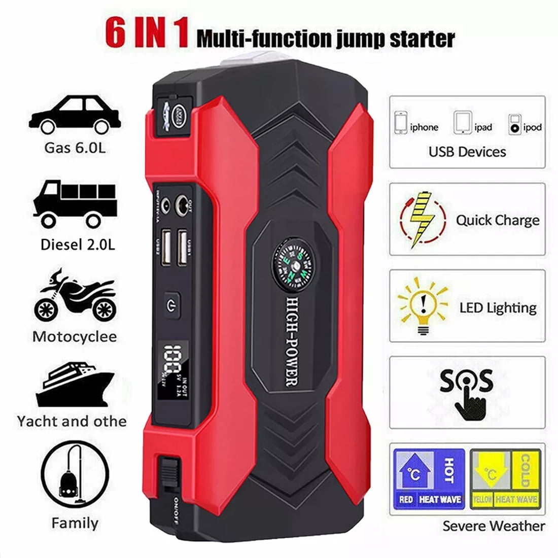 Car Jump Starter Multi-functional CarJump Box 28000mAh Portable Battery Charger Power Bank for Cell Phone, 4 USB Ports, LED Flashlight