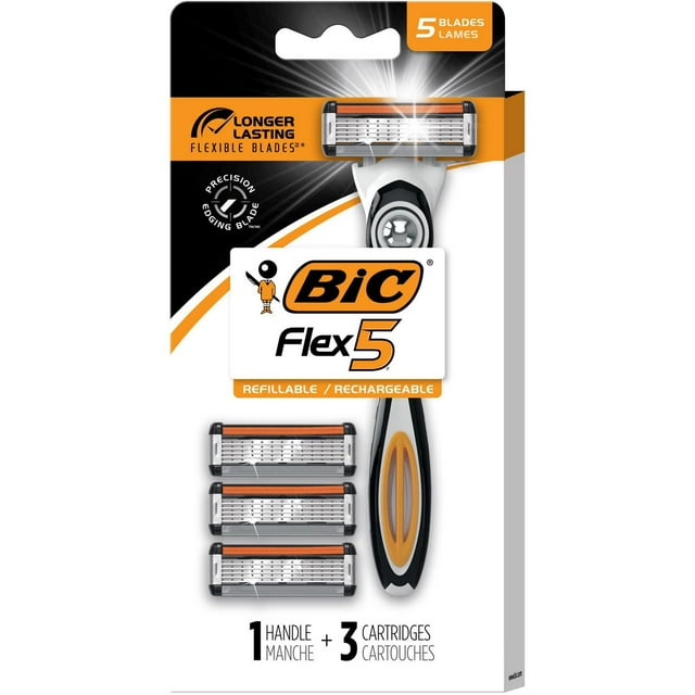 BIC Flex 5 Refillable Razors for Men, Long-Lasting 5 Blade Razors for a Smooth and Comfortable Shave, 1 Handle and 3 Cartridges, 4 Piece Shaving Kit