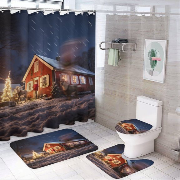 Santa Claus Reindeer Vintage 4Pcs Shower Curtain Set Shower Curtain Set with Carpet Bath Mat