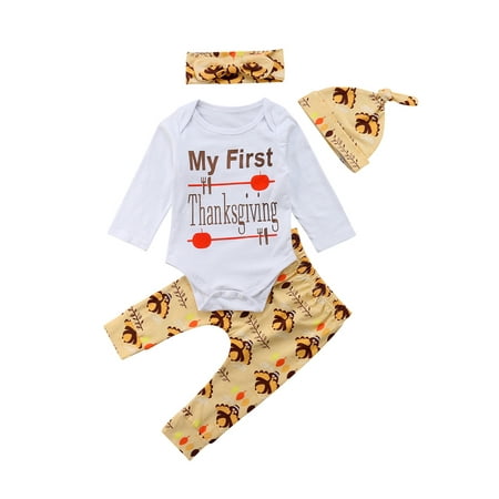 

Youweixiong Infant Baby Girls Thanksgiving Outfit Long Sleeve Letter Print Romper Turkey Print Pants Headband Hat 4Pcs Set