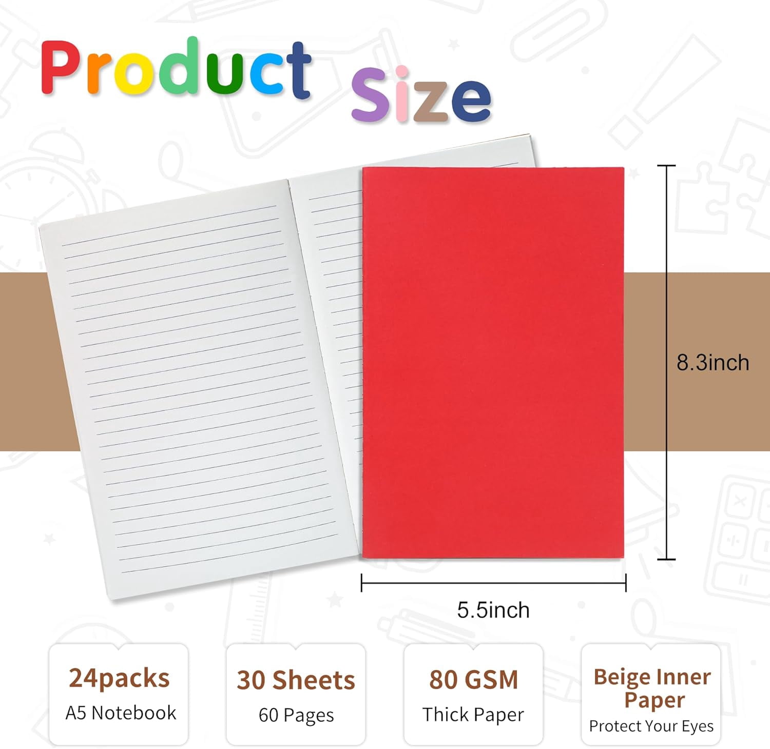 24 Pack A5 Lined Notebook Journals in Bulk, Colored Kraft Cover College Ruled Subject Notebook Composition Journal for Student Busines Travelers, 8.3x5.5 Inches, 80 GSM, 60 Pages/30 Sheets