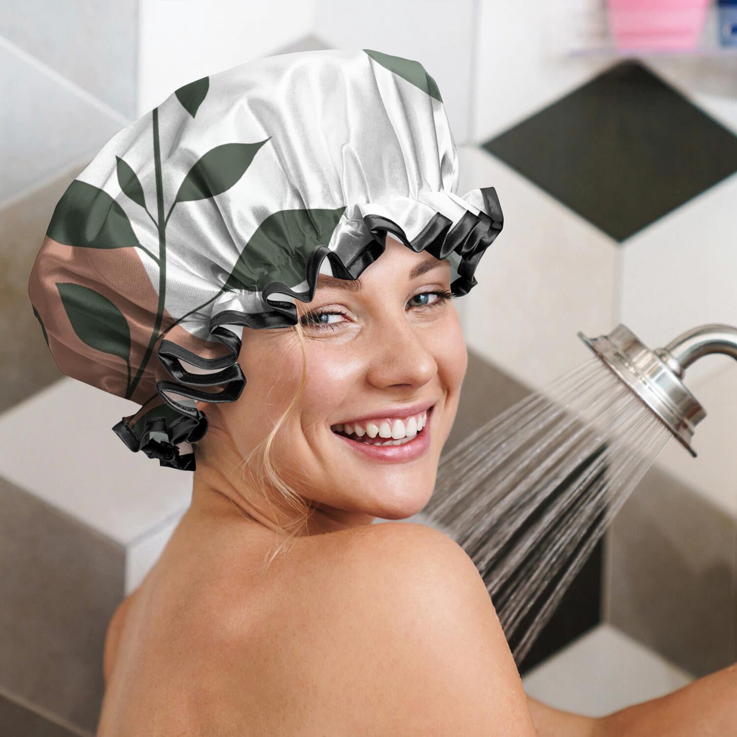 Shower Caps,Brown Boho Plant Pattern Waterproof Shower Cap for Women 4 Pieces,Double Reusable Hair Cover for Shower PEVA Elastic Stretch Hem