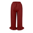 thumbnail image 4 of RPVATI Womans Linen Pants Casual Ruffle High Waisted Beach Wide Leg Capri Pants Summer Straight Drawstring Flowy Cropped Palazzo Pants with Pockets Wine XXL, 4 of 7
