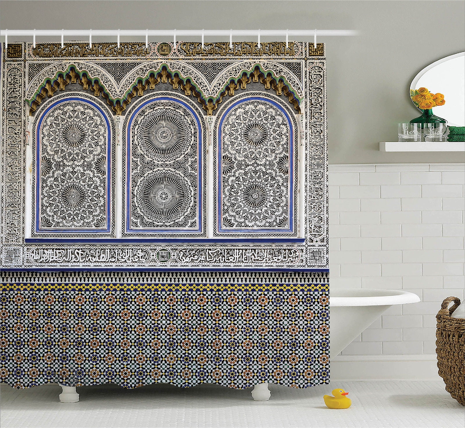 Arabian Decor Shower Curtain Set, Nostalgic Moroccan Architecture With