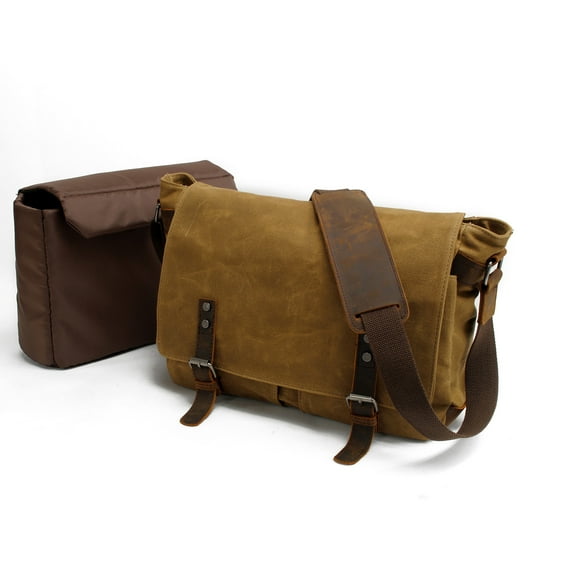 ISMART Oil-Waxed Canvas & Genuine Leather Patchwork Messenger Bag - Casual Canvas Men's Shoulder Bag, Crossbody Bag, Vintage Style Laptop Bag