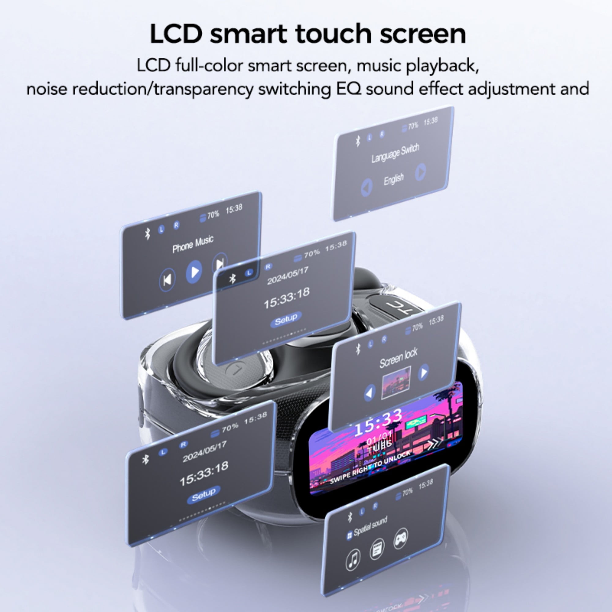HTC NE11 Wireless Earbuds, AI Translate Earbuds Bluetooth 6.0 Headphones with Noise Cancelling Mic Smart Screen,60H IP6X Waterproof Sport Headset