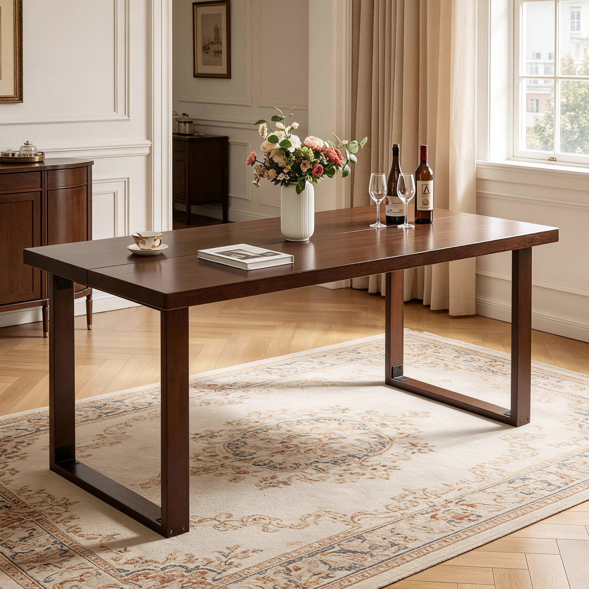 180cm Large Solid Wood Dining Table, Mid‑Century Modern Rectangular Solid Wood Kitchen Table, Dark Walnut Solid Wood Table for Dining Room Home Office