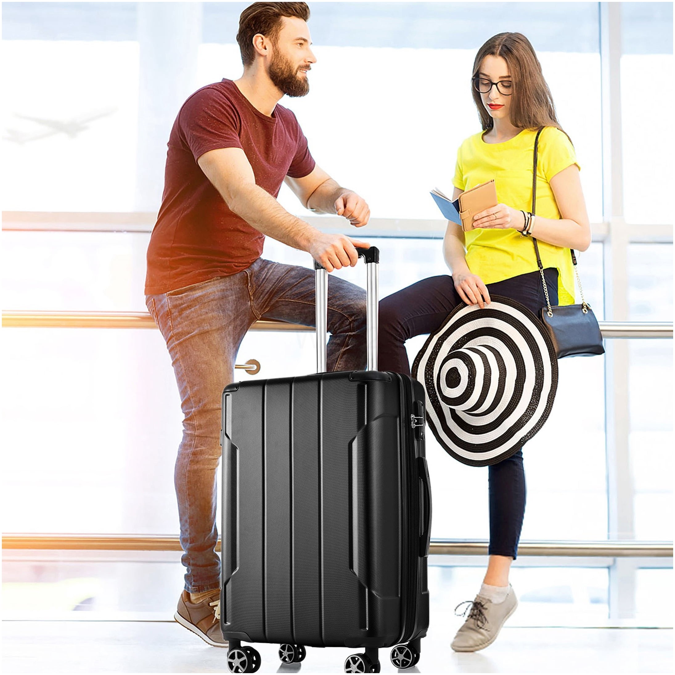 Black 24 Inch Hardshell Suitcase, TSA Lock Expandable Checked Luggage with 8 Spinner Wheels