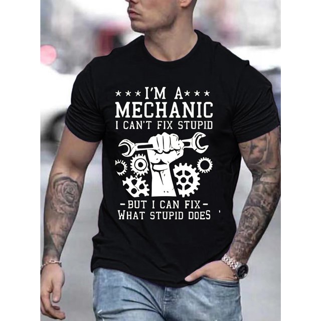 Camiseta gráfica humorística para hombre: "Puedo arreglar lo que hace la estupidez" con diseño de engranajes y llaves inglesas. Camiseta informal de manga corta gris claro, corte regular, para verano,