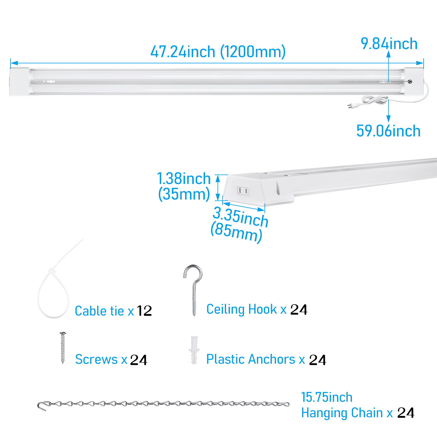 12 Pack Linkable LED Shop Light with Deep Reflector, 40W 5000K Daylight LED Ceiling Light with Pull Chain, ETL Listed, Surface Mount & Suspended Mount
