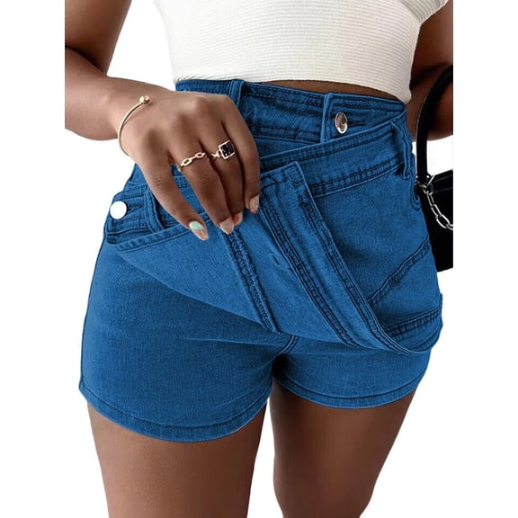 Women'S High Waisted Denim Skorts with Asymmetrical Button Wrap Design M