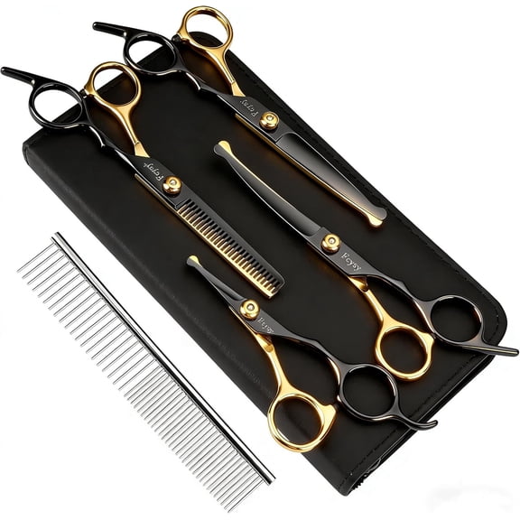 Dog Grooming Scissors Kit,  Professional Pet Shears for Cats at Home, Dog Grooming Tools with Curved & Straight Blades Scissors Thinning Shears Pet Supply Set