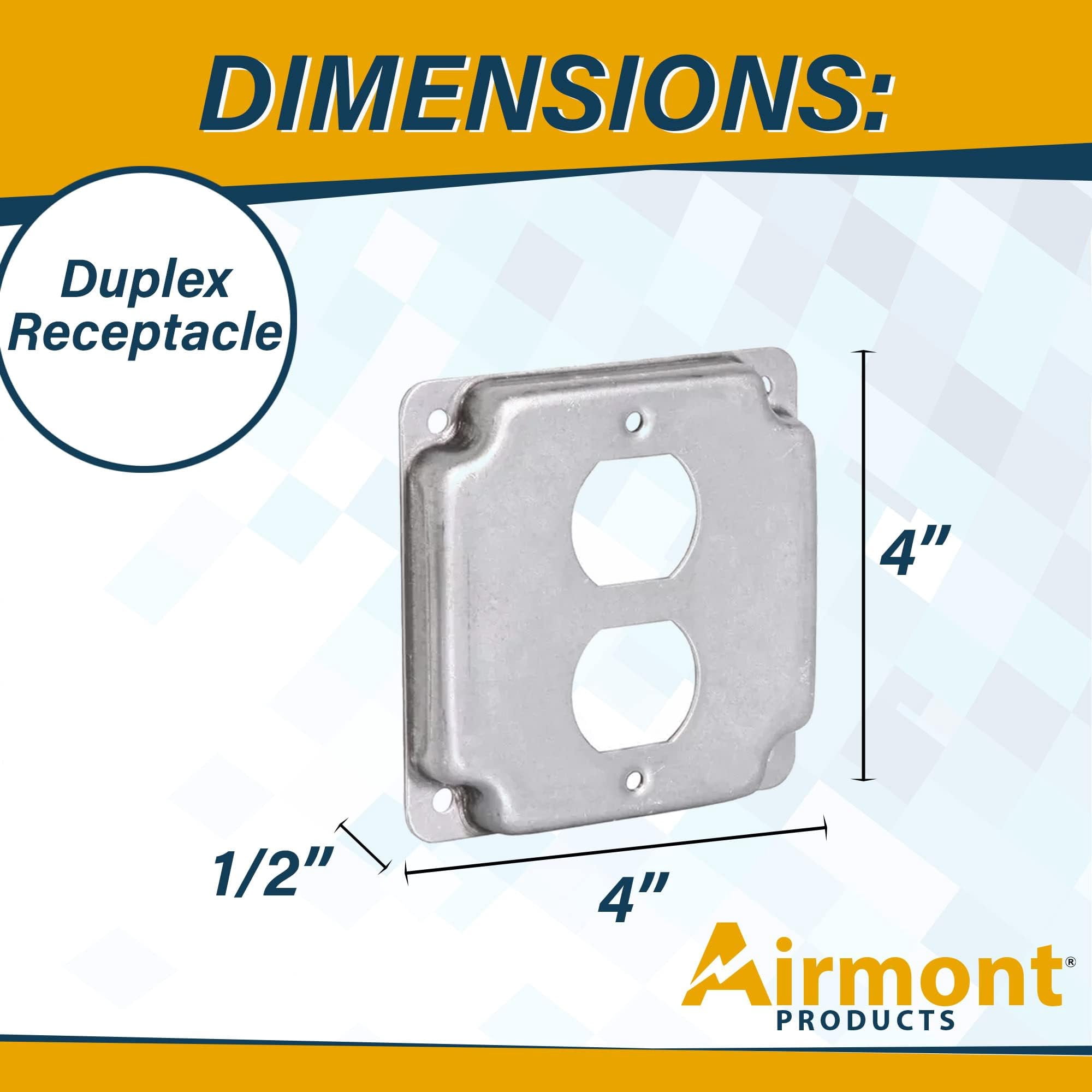 5 Pack Airmont Products 1-Gang Duplex Receptacle Electrical Box Cover - 4 Inch Square 1/2 Inch Raised Galvanized Steel Cover for Exposed Work - Surface Mount Junction Box Cover for Duplex Outlets