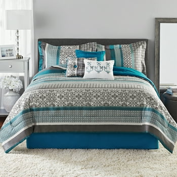 Mainstays 7-Piece Princeton Woven Jacquard Comforter Set, Teal Stripe, Full/Queen