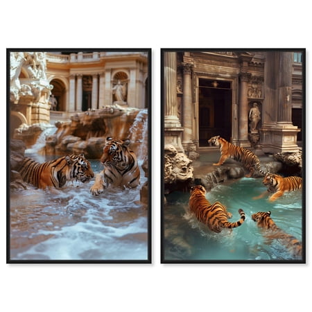 Tigers at the Fountain 2 Panel Set Canvas Print Lion Tiger Art Print by Art Remedy, Black Frame, 10 x 15