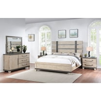 Arbela Wood Slatted Panel Bed with Dresser, Mirror, and Two Nightstands, King, Weathered Oak Finish