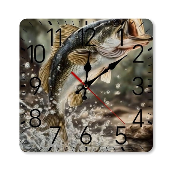 RKSupls 10×10inch Square Silent Wall Clock Wooden Frame, Bass Fish Jumping Scale Decorative Clock for Home Bedroom Living Room Office