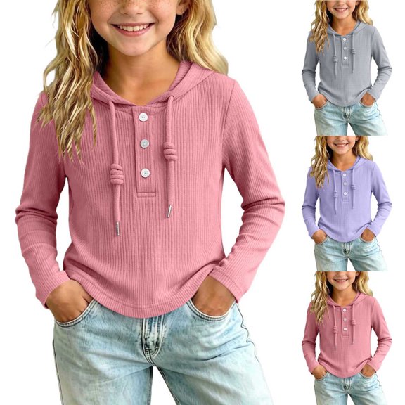 Abtuhar Fall Hooded Long Sleeve Tops for Girls Solid Casual School Base Layer Tops for 2-12 Years