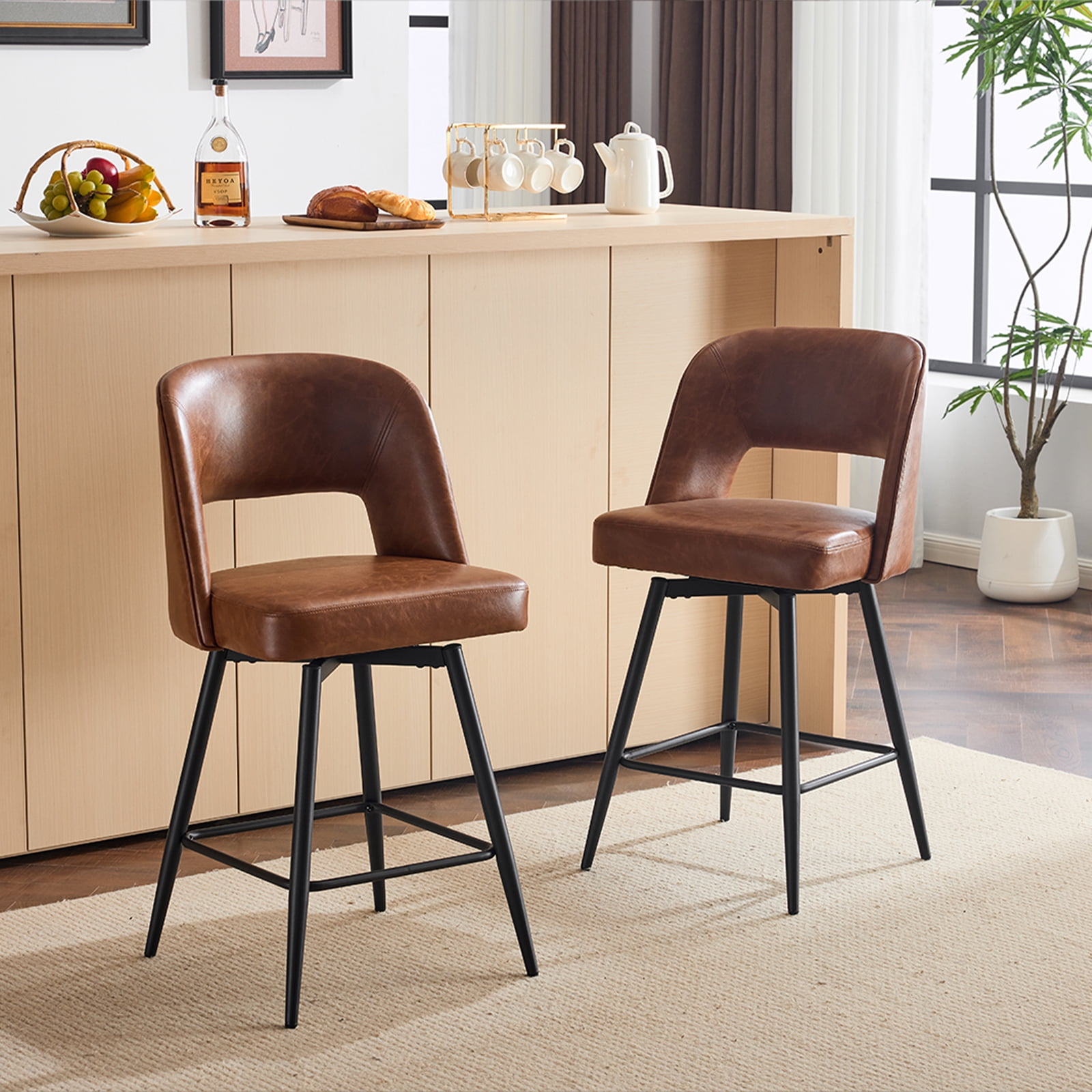 Ktaxon Swivel Barstools 2 Set, Counter Height Chairs 26in Padded Bar Height Upholstered Stools, Brown