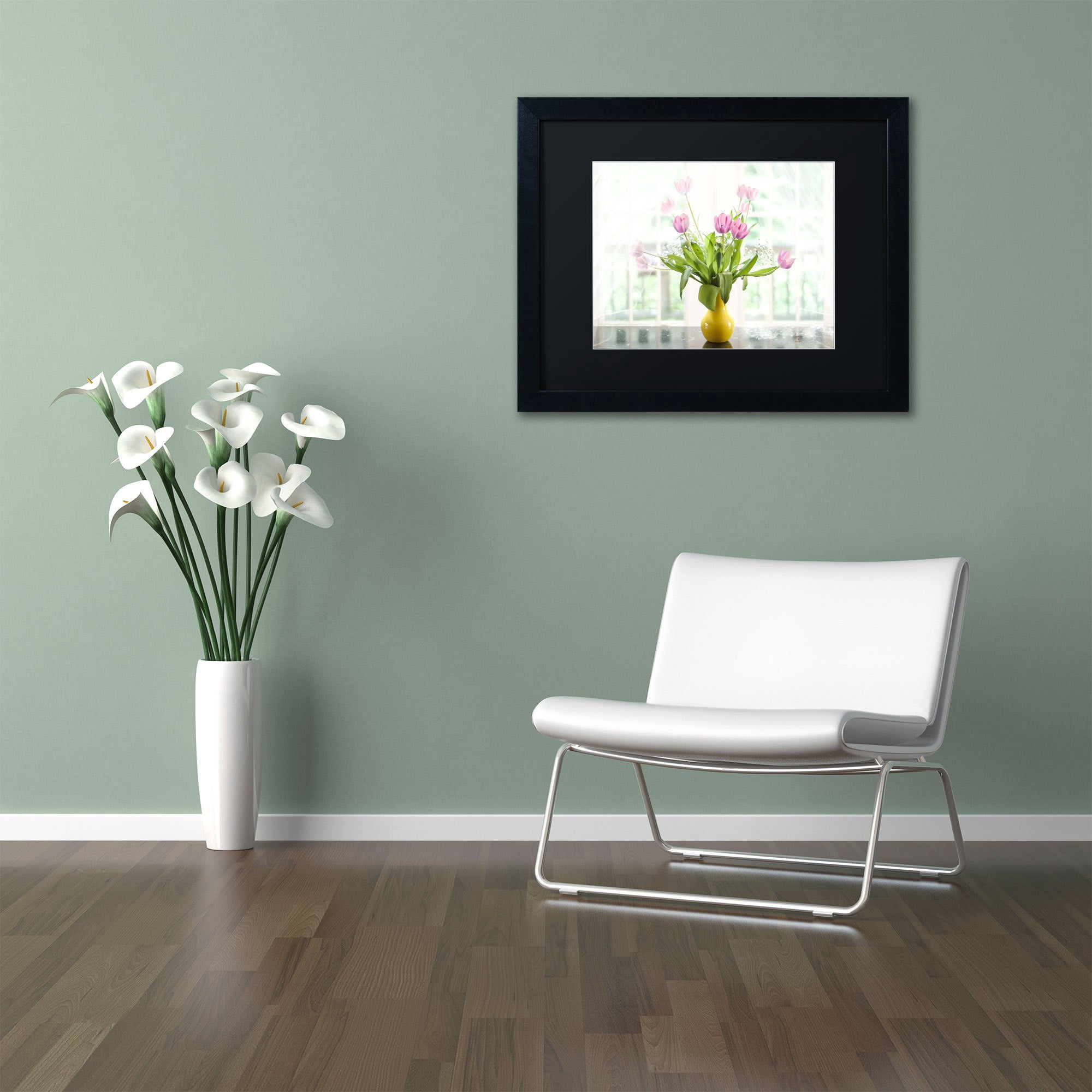 Trademark Fine Art "Pink Tulips in the Window" Canvas Art by Lois Bryan, Black Mat, Black Frame