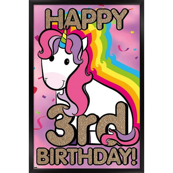 Ellie Ripberger Unicorn - Happy 3rd Birthday Wall Poster, 22.375" x 34", Framed