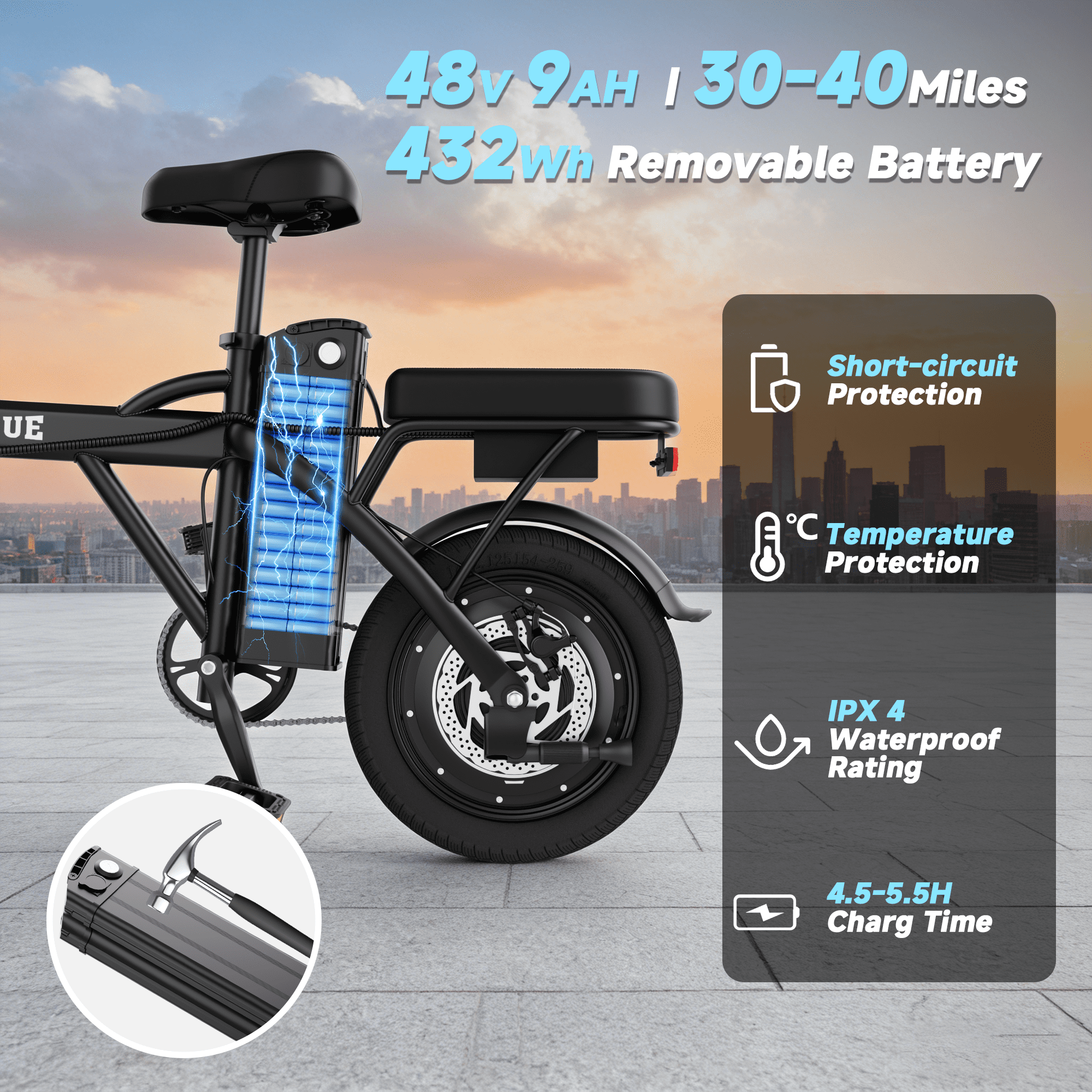 VOLTVOGUE VV-14 Adult Electric Bike, 14" Fat Tire Ebike, 500W Motor, 48V 9Ah 432Wh Battery, Speeds Up to 22 MPH, Dual Brakes, Front Suspension, UL 2849 Certified, Recommended Age 16+