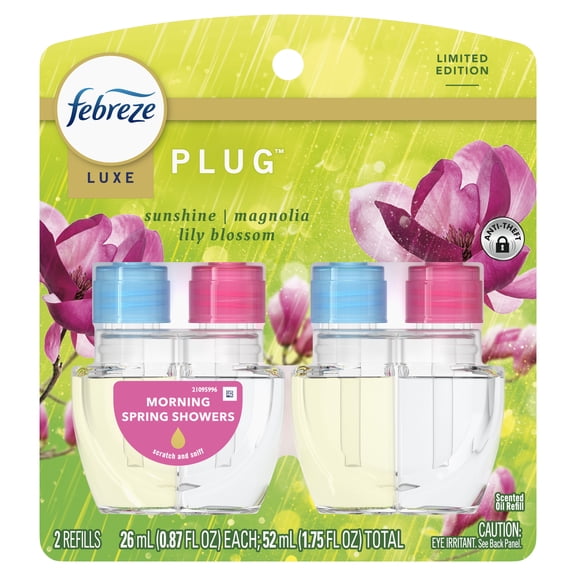 Febreze Plug In Air Freshener, Odor-Fighting Scented Oil Refill, Moring Spring Showers, 2 Refill