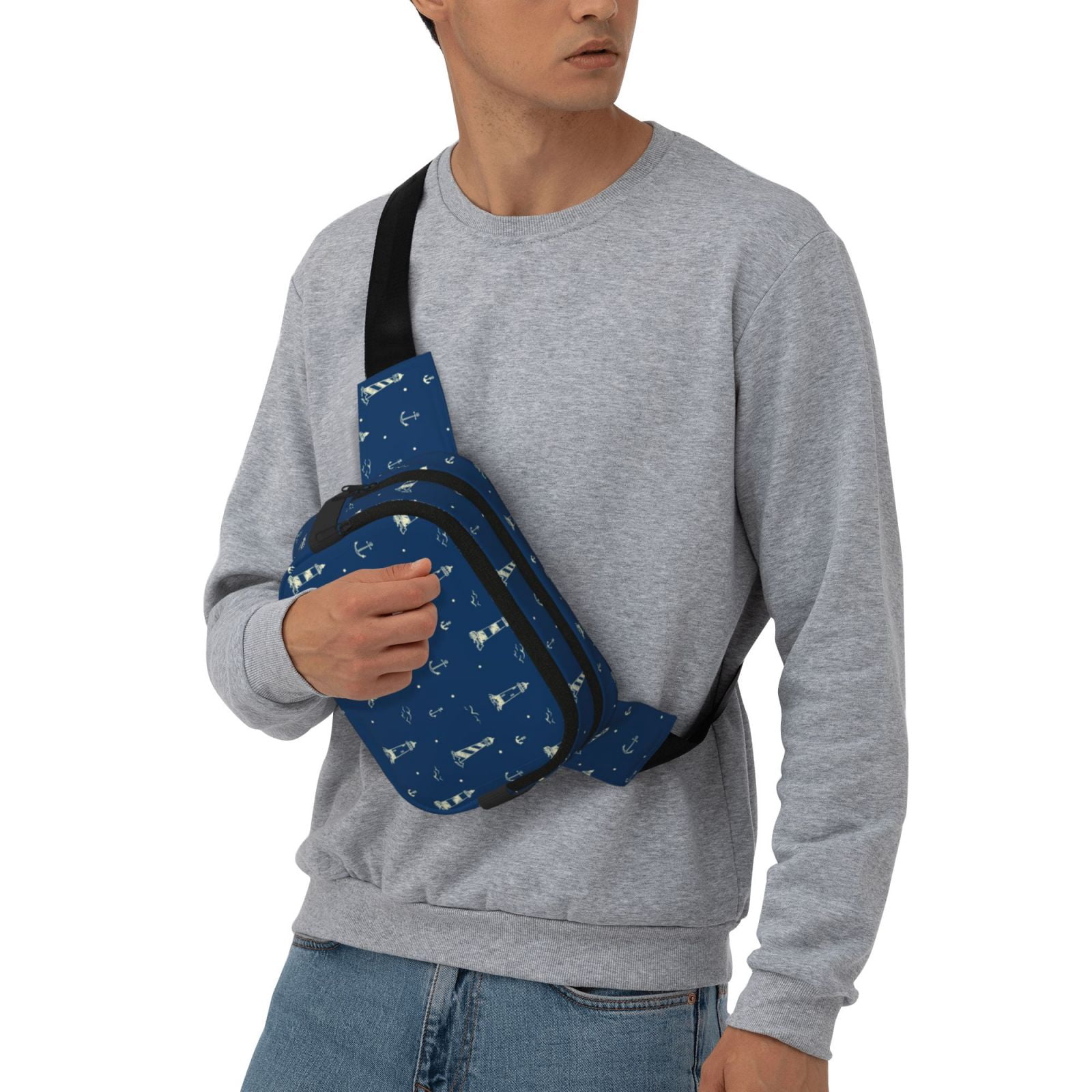Picia Lighthouses and Anchors Print Square Double-Layer Waist Bag Mini Adjustable Waist Belt Bag Exercise Running Travel Hiking