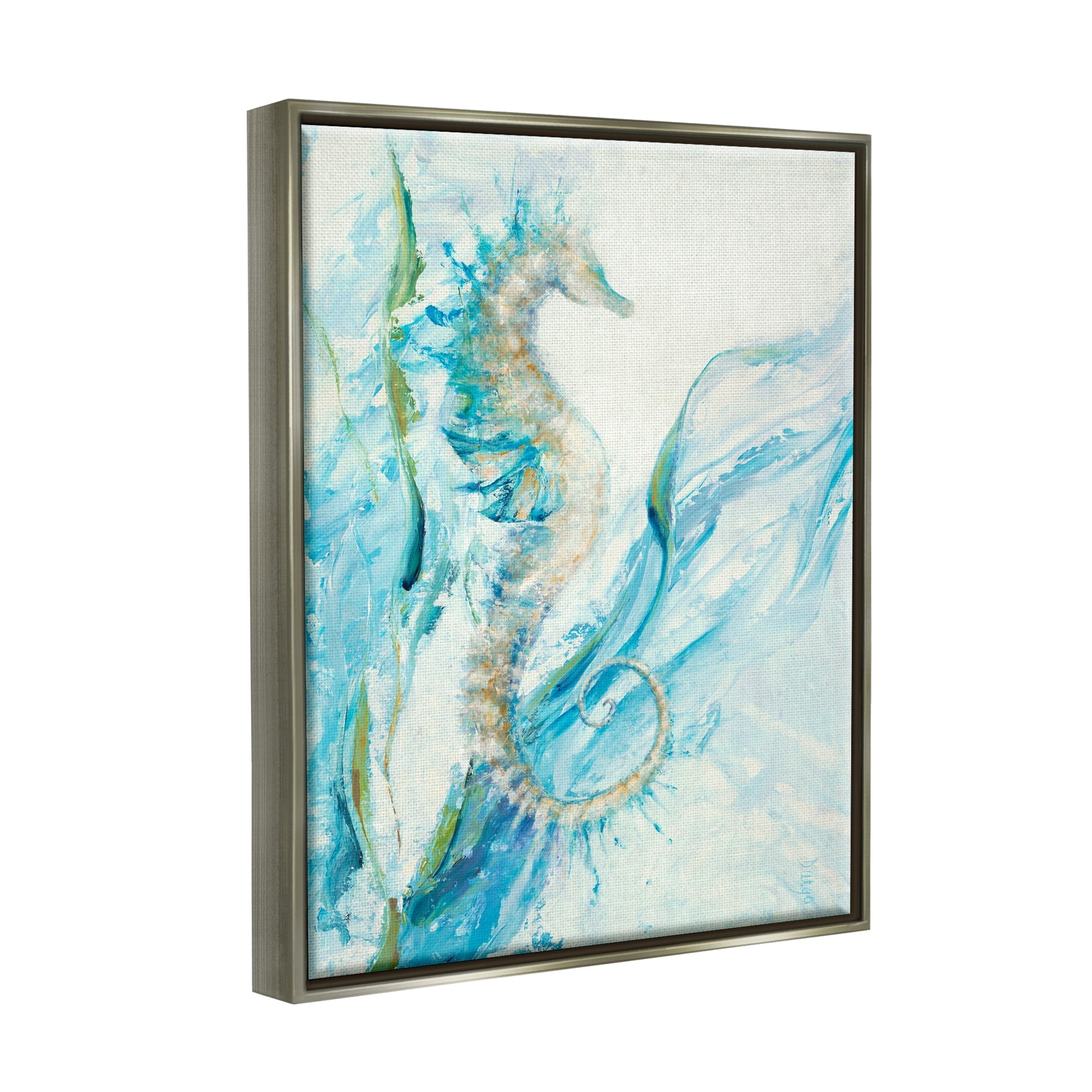 Stupell Industries Nautical Seahorse Blue Fluid Ocean Water Metallic Gold Framed Floating Canvas Wall Art, 24x30, by Third and Wall